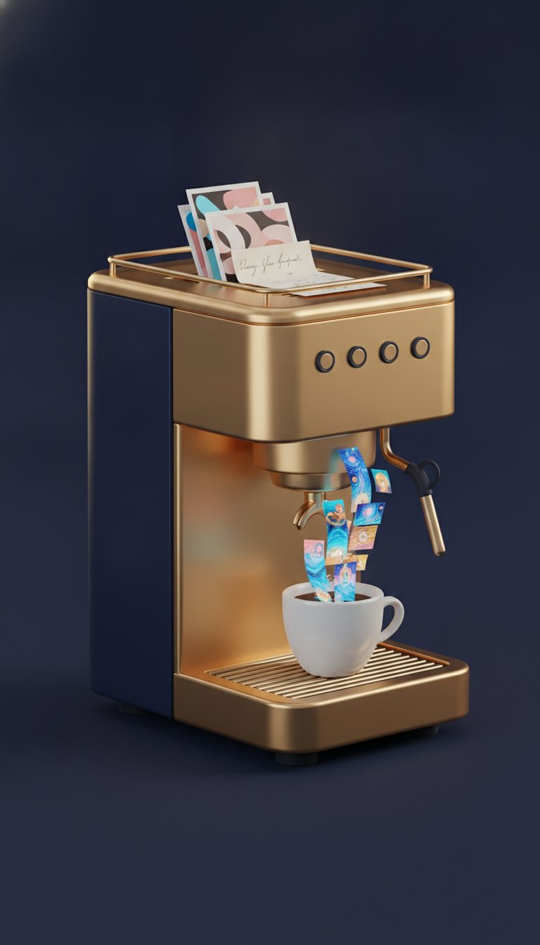 Une machine à café dorée : des photos et une note entrent par le haut, la tasse se remplit de vidéos (illustration générée par IA)